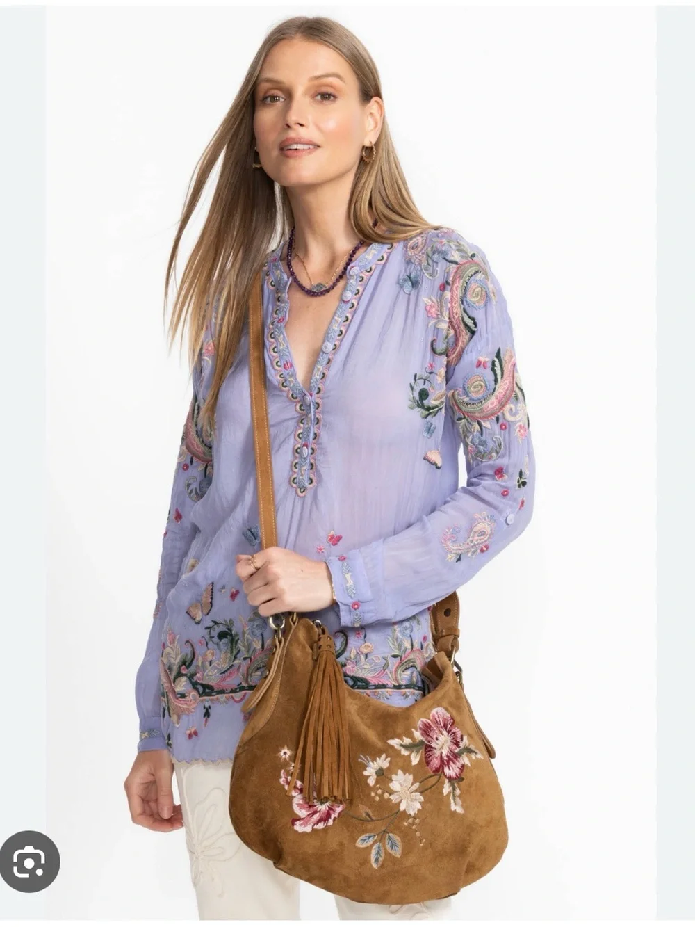 Johnny Was NWT Florrie, Suede Floral Embroidered Hobo Bag i